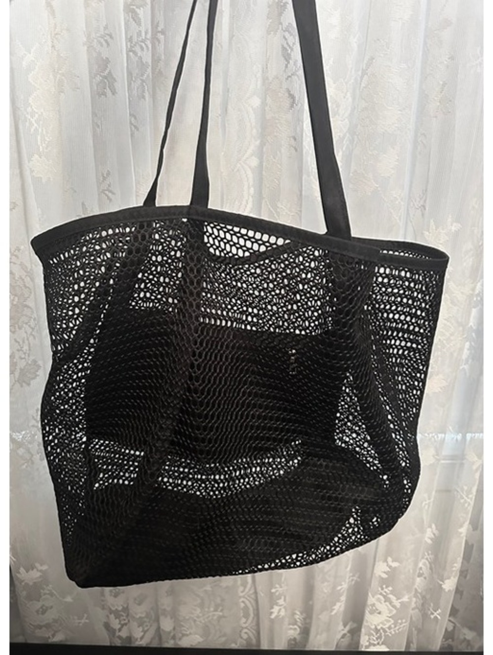Black Mesh Tote Bag with Multiple Pockets | Beach, Pool, Gym, Market Carryall
